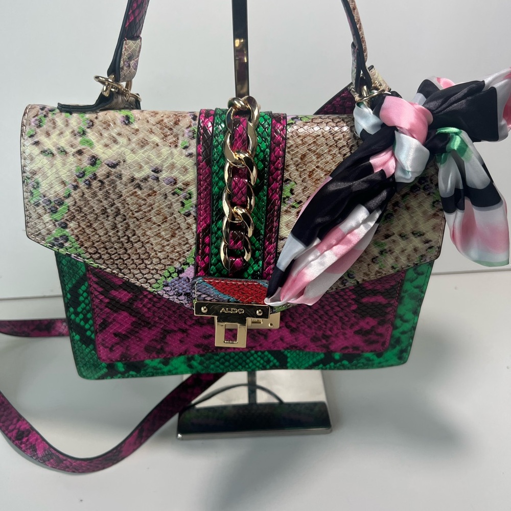 Aldo Pink and Green Snake Print Satchel